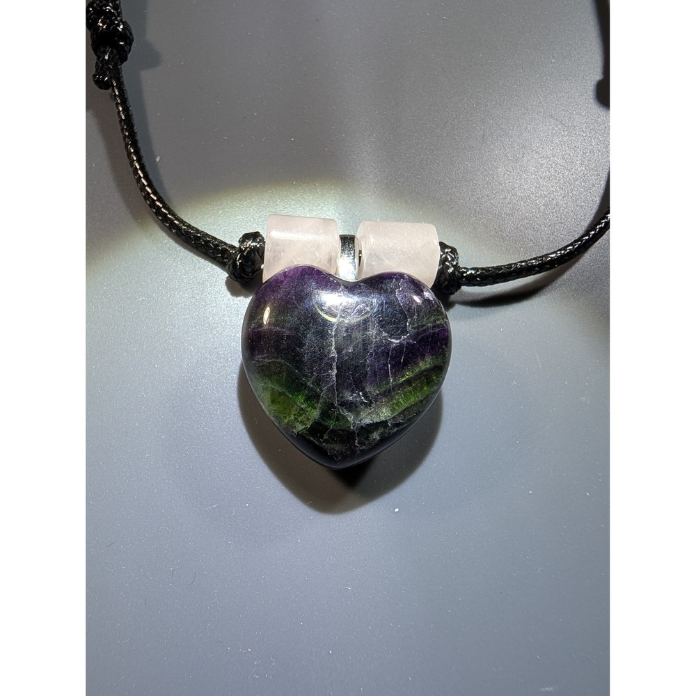 Dark Fluorite Heart Pendant Necklace Adjustable Black Cord Boho Crystal Jewelry